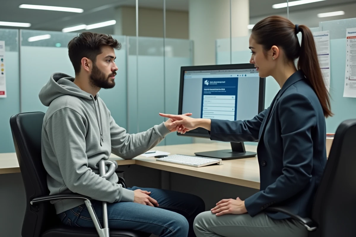 Jeune homme en situation de handicap accompagné par une conseillère administrative pour son inscription en ligne au guichet d'un service public