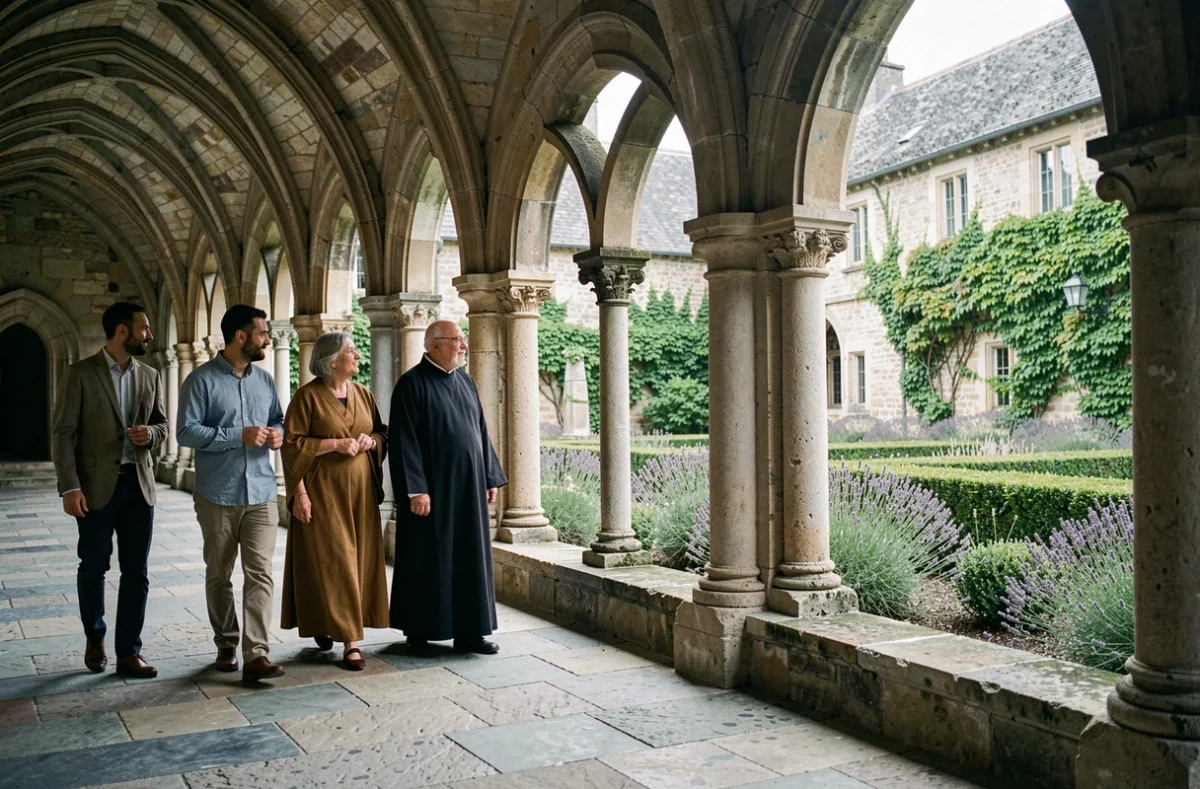 Un groupe d'adultes en discussion avec un moine dans le cloître d'un monastère français, symbolisant l'accompagnement spirituel et les étapes d'intégration à la vie monastique