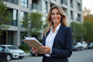 Agent immobilier professionnelle devant un immeuble résidentiel moderne, tenant des documents de propriété
