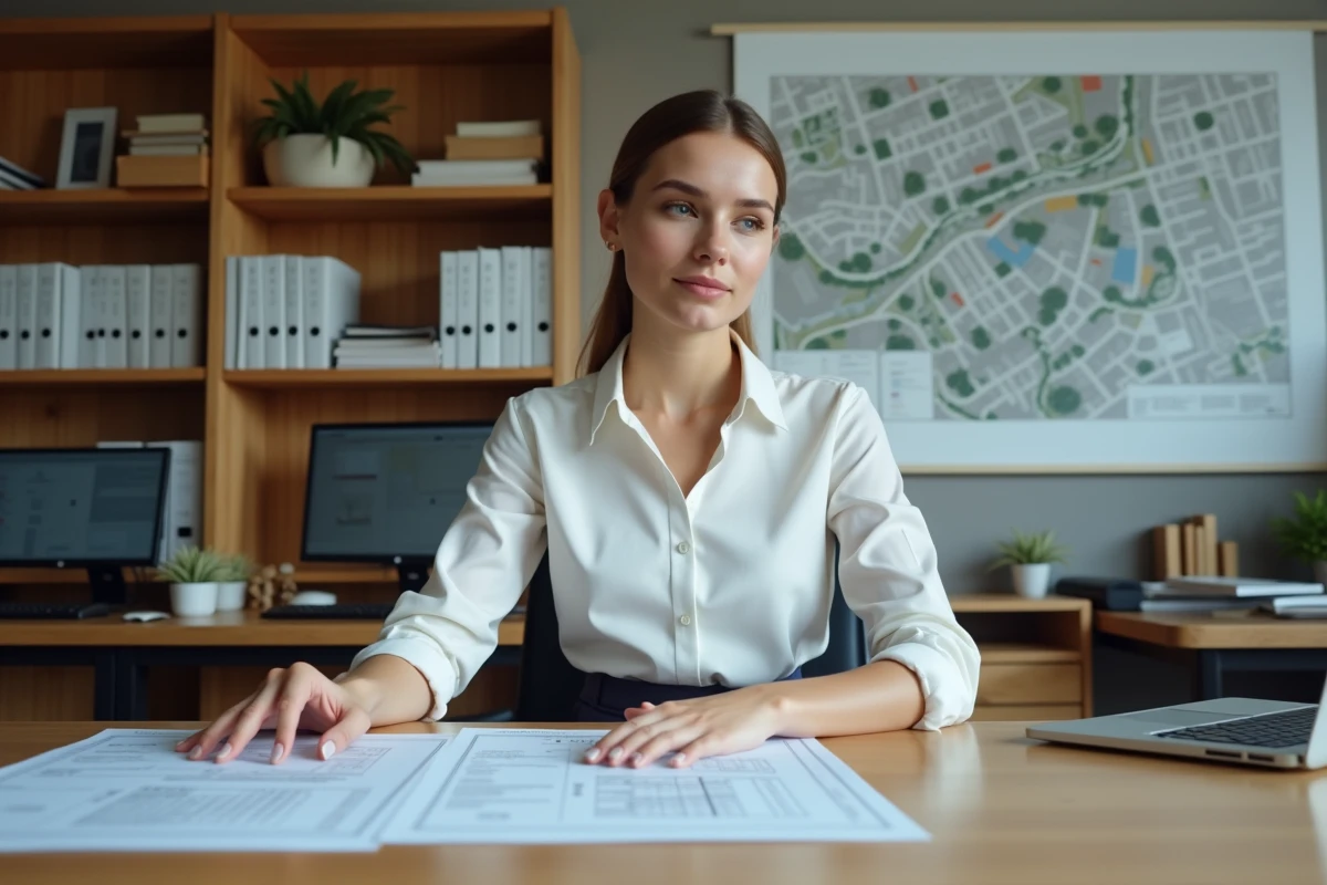 Architecte analysant des documents de permis de construire dans un bureau administratif municipal