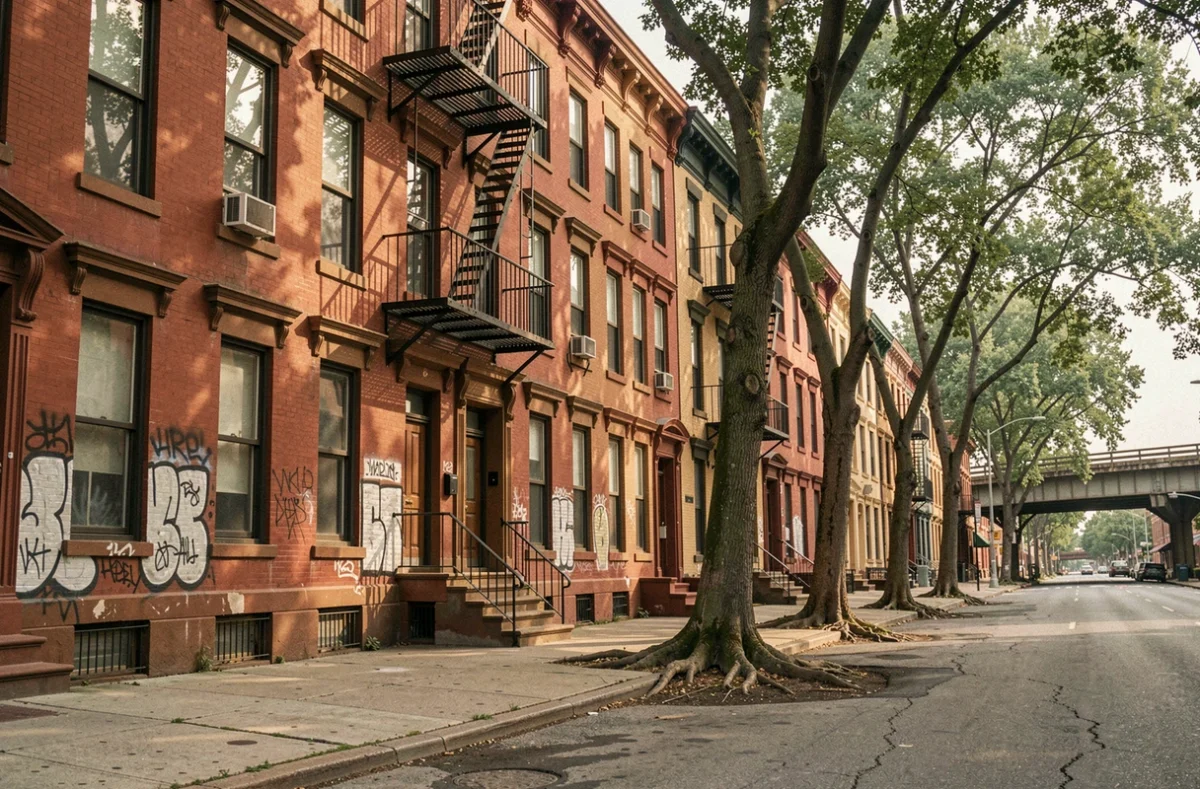 Façades de briques rouges et escaliers de secours typiques du Bronx à New York, architecture historique des tenements du début du XXe siècle