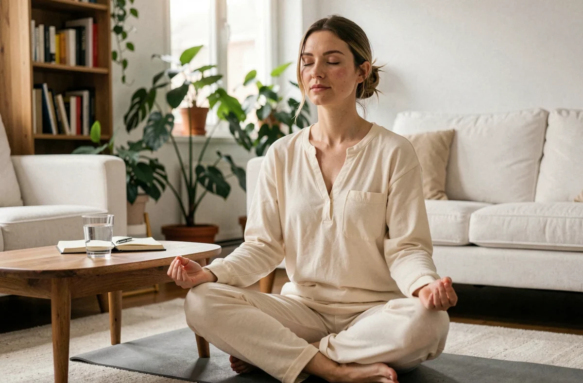 Femme pratiquant l'auto-hypnose chez elle en position méditative sur un tapis de yoga dans un salon cosy