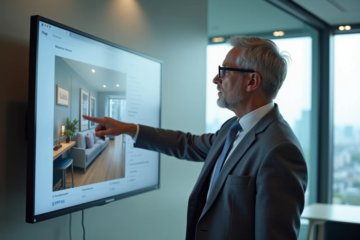 Conseiller immobilier masculin présentant une annonce appartement sur écran dans un bureau contemporain