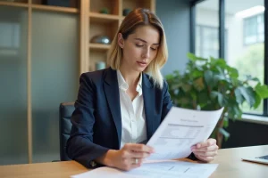 Conseillère bancaire comparant les taux immobiliers pour un client dans une agence bancaire moderne en 2024