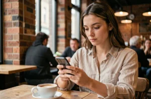 Jeune femme consultant discrètement des stories Instagram sur son smartphone dans un café urbain