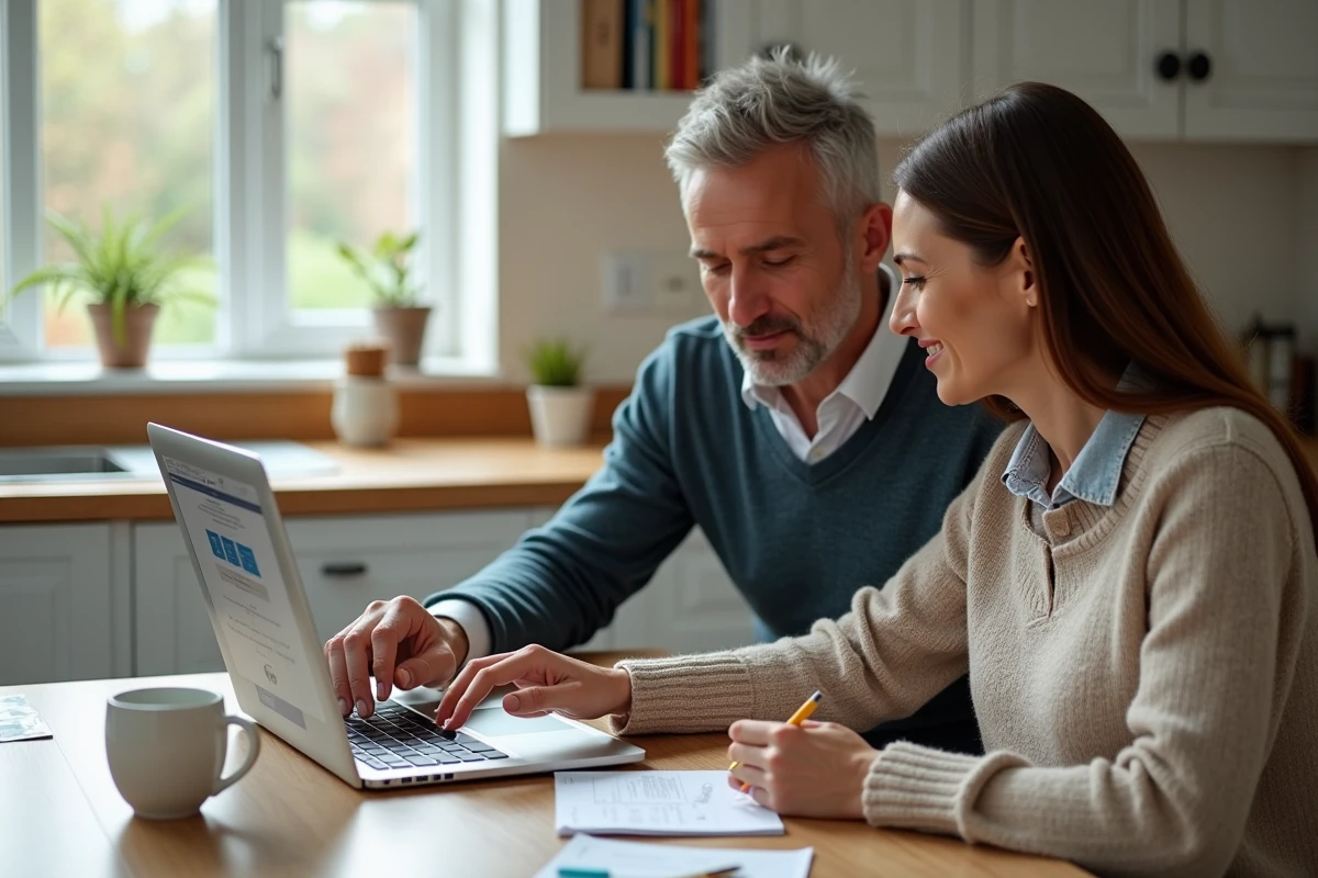 Couple comparant les taux de prêt immobilier entre différentes banques sur internet à la maison