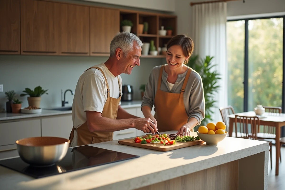 Couple riant en préparant un repas dans la cuisine