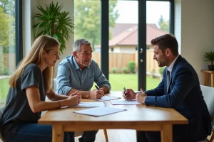 Couple discutant avec agent immobilier dans salon moderne