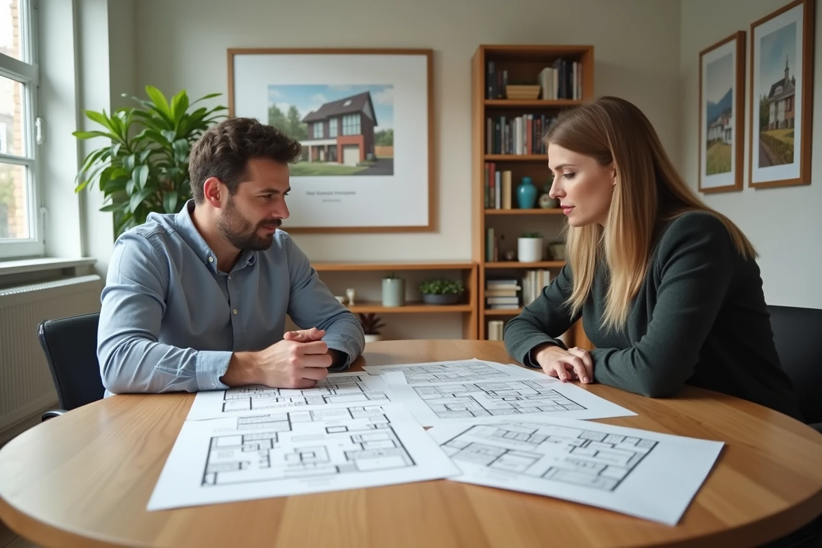 Couple examinant des plans immobiliers sur une table en bois dans un bureau d'agence immobilière