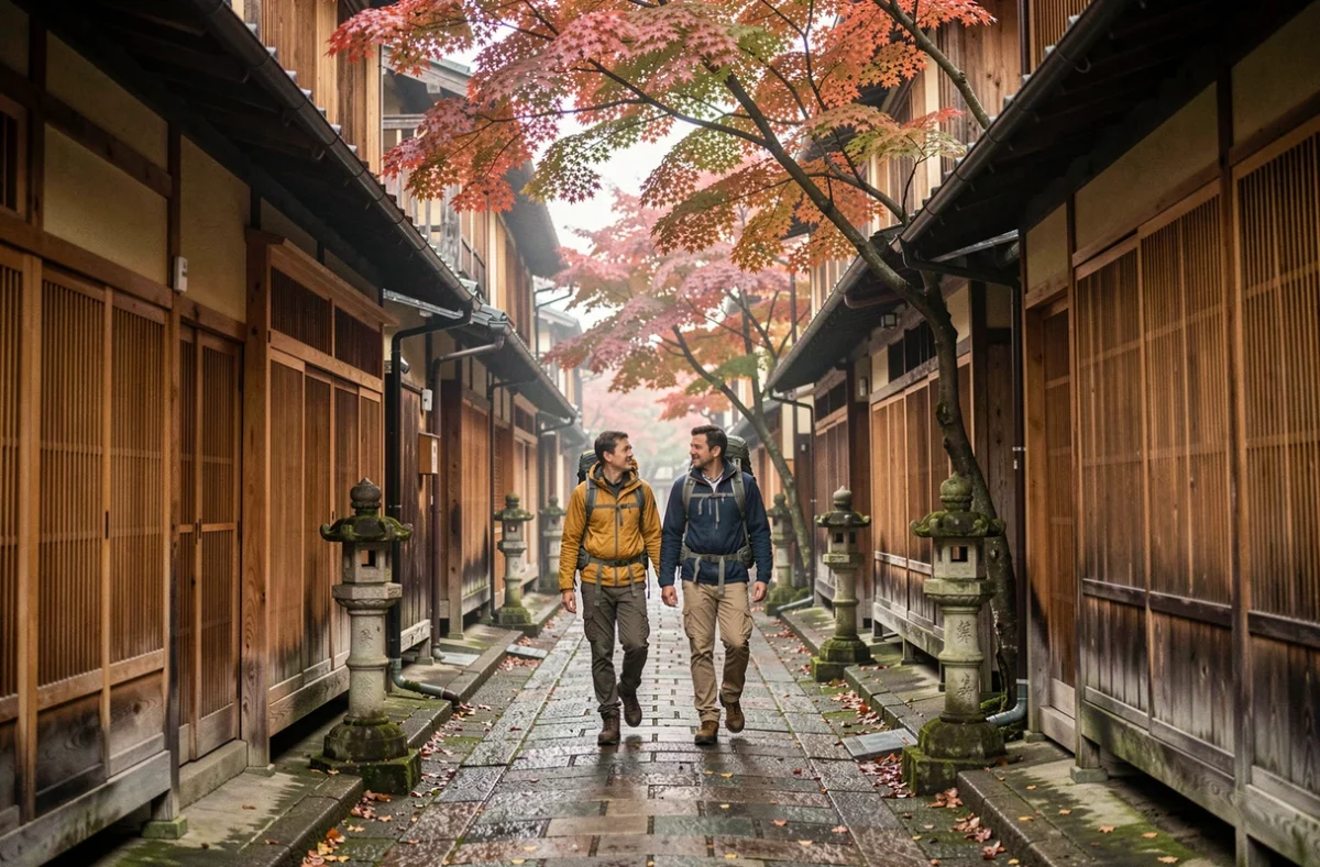 Couple de voyageurs marchant dans une ruelle pavée d'une ville japonaise historique entourée de feuillages d'automne colorés
