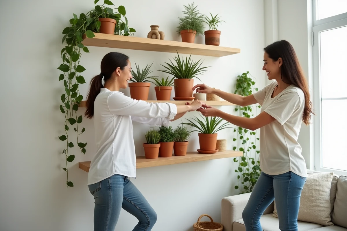 Couple décorant des étagères flottantes en bois avec des plantes d'intérieur dans un salon contemporain