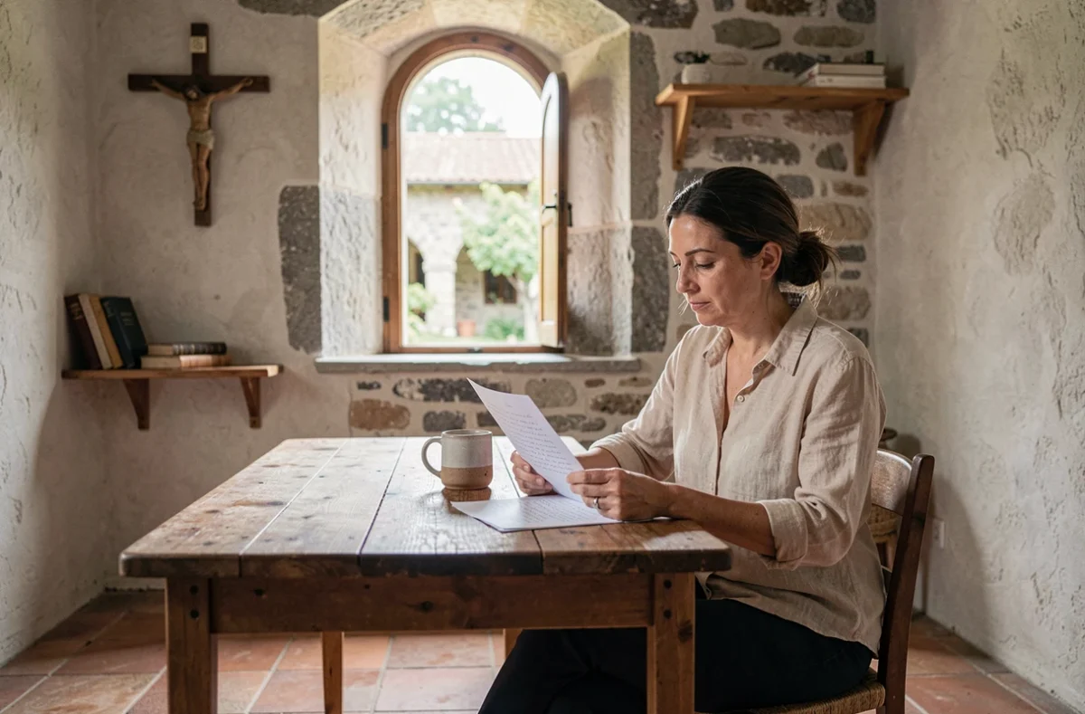 Une femme lisant des documents officiels dans une cellule monastique dépouillée, illustrant les démarches administratives pour rejoindre un monastère en France