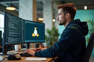 Développeur Linux concentré devant plusieurs écrans affichant du code terminal dans un bureau tech moderne