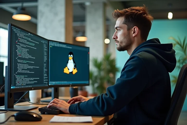 Développeur Linux concentré devant plusieurs écrans affichant du code terminal dans un bureau tech moderne