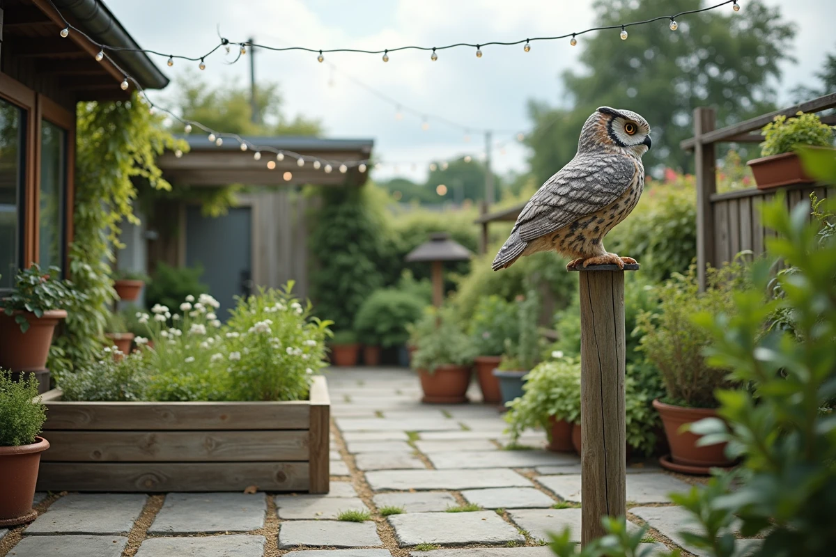 Dispositifs anti-pies dans un jardin : filet de protection, hibou factice et spirales réfléchissantes