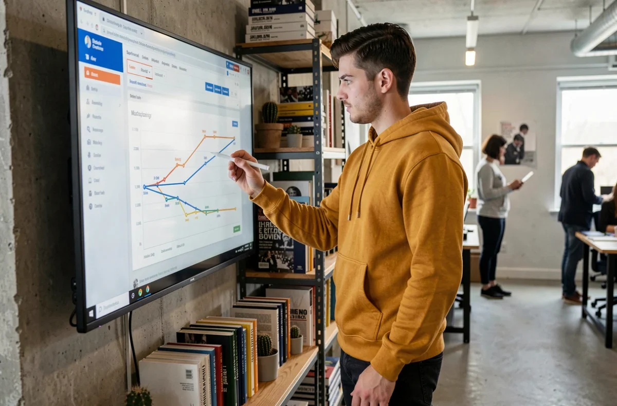 Développeur ou éditeur numérique analysant les statistiques de monétisation d'un site d'information en ligne dans un espace de coworking créatif