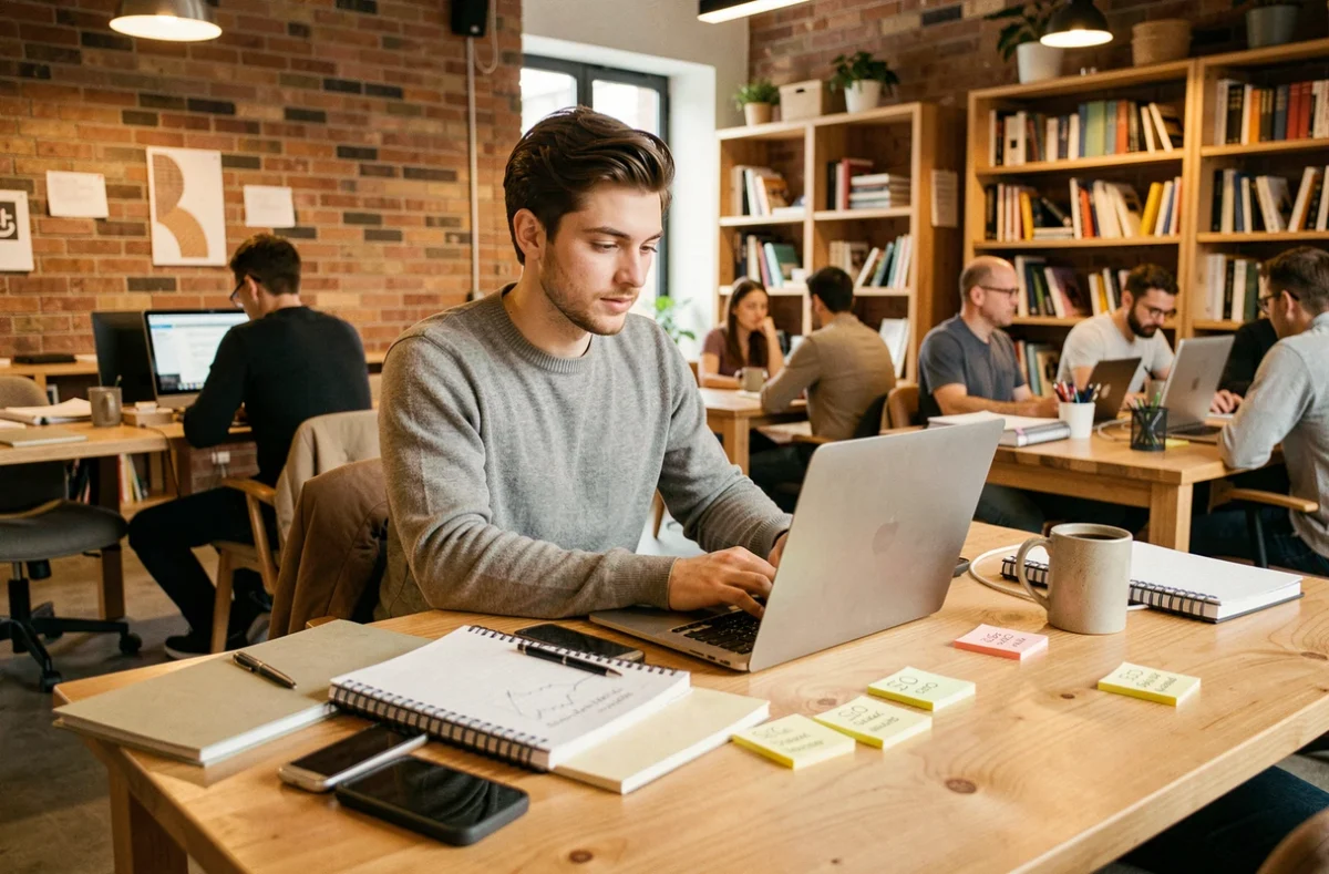 Jeune entrepreneur travaillant sur une stratégie SEO et de visibilité en ligne dans un espace de coworking moderne