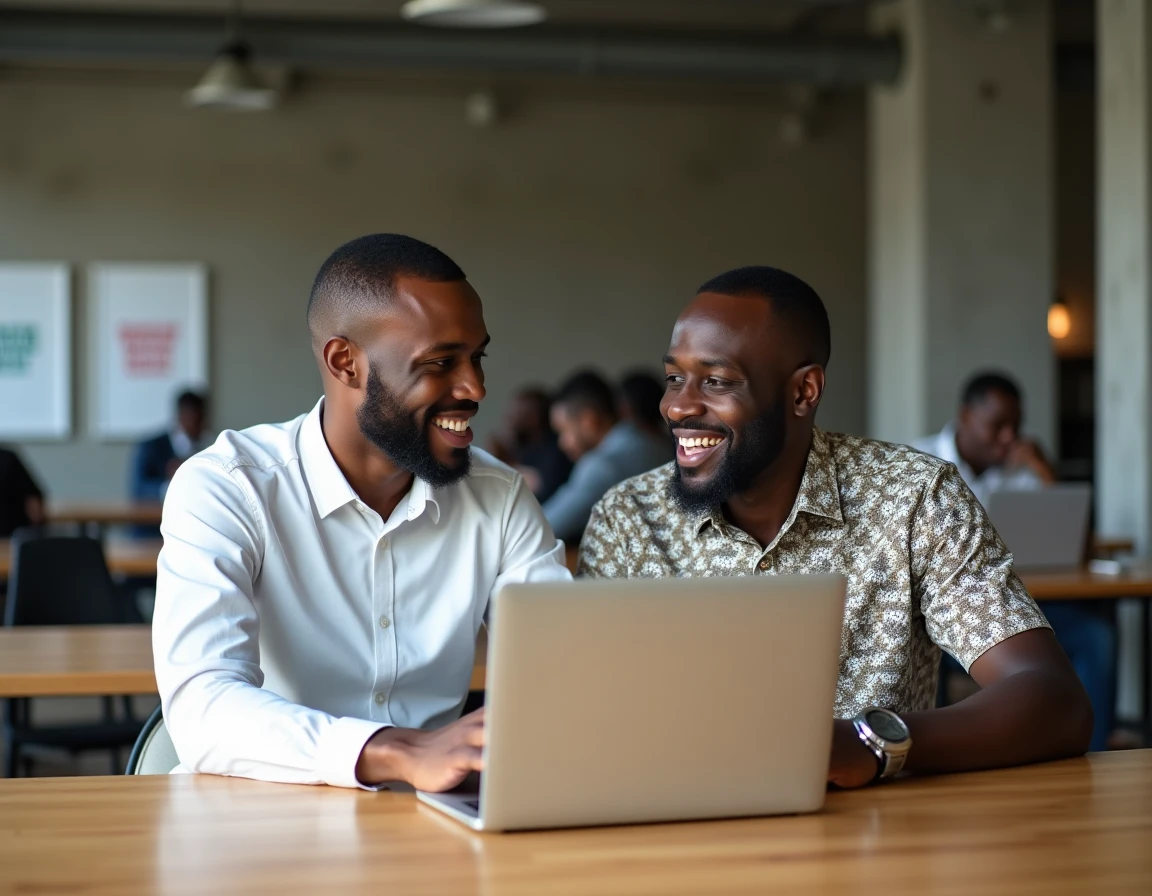 Deux entrepreneurs ivoiriens collaborant autour d'un ordinateur portable dans un espace de coworking moderne