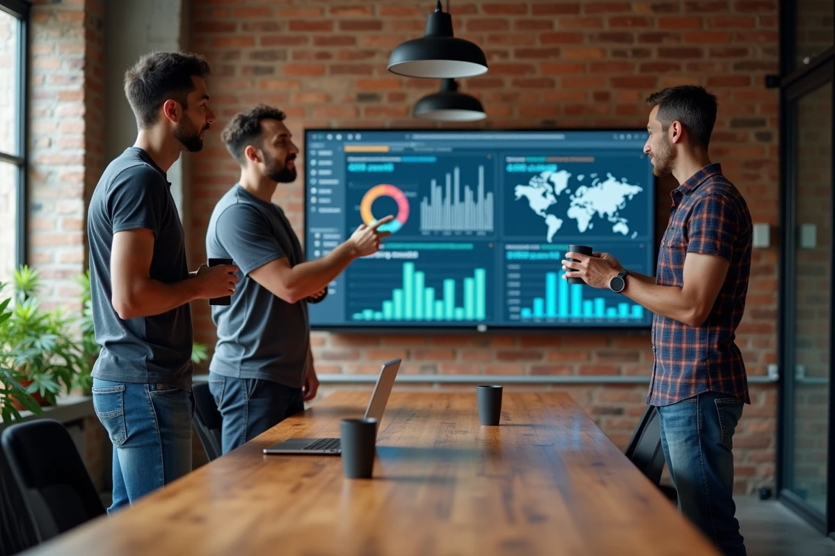 Équipe d'ingénieurs analysant des statistiques de contributions au noyau Linux dans un espace de travail collaboratif