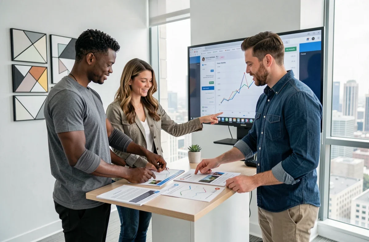 Équipe marketing collaborative analysant des résultats de campagnes en ligne pour améliorer la visibilité d'une entreprise