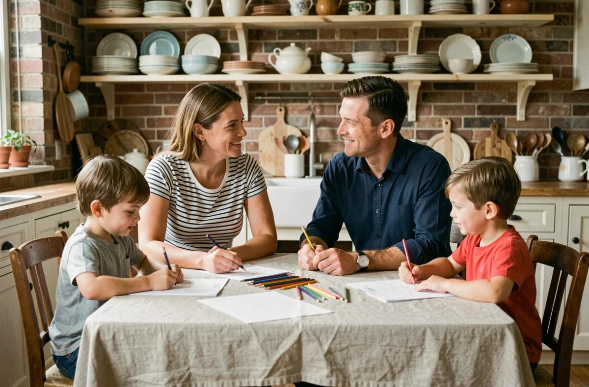 Famille épanouie réunie autour d'une table de cuisine rustique, parents et enfants partageant un moment paisible et complice à la maison