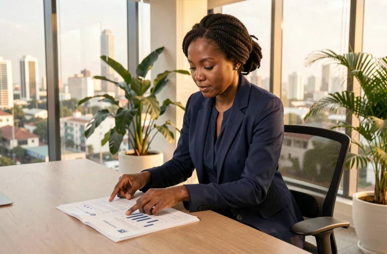 Femme d'affaires ivoirienne en costume marine consultant des documents dans un bureau moderne à Abidjan