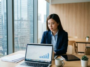 Jeune femme d'affaires en bureau moderne avec graphiques