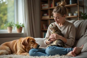 Femme caressant un chat et un chien dans un salon chaleureux