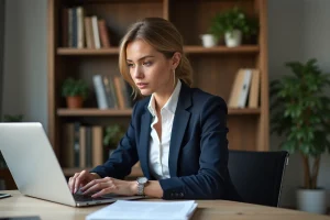 Femme en bureau organisé vérifiant son relevé bancaire
