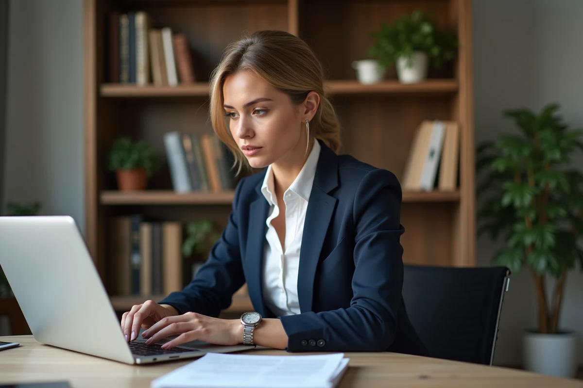 Femme en bureau organisé vérifiant son relevé bancaire