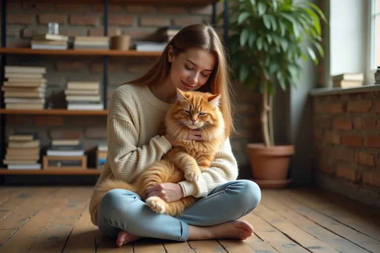 Jeune femme tenant affectueusement un chat roux dans ses bras dans un appartement chaleureux aux murs en brique