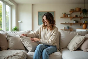 Femme arrangeant des coussins dans un salon moderne