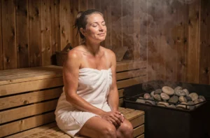 Femme détendue assise dans un sauna finlandais traditionnel en bois de bouleau, enveloppée dans une serviette blanche, les yeux fermés dans une atmosphère de bien-être et de relaxation