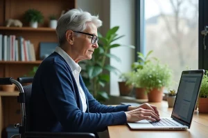 Femme en fauteuil roulant motorisé complétant un enregistrement en ligne sur un ordinateur portable dans un bureau à domicile organisé