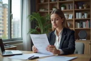 Jeune femme d'affaires examinant des contrats de location