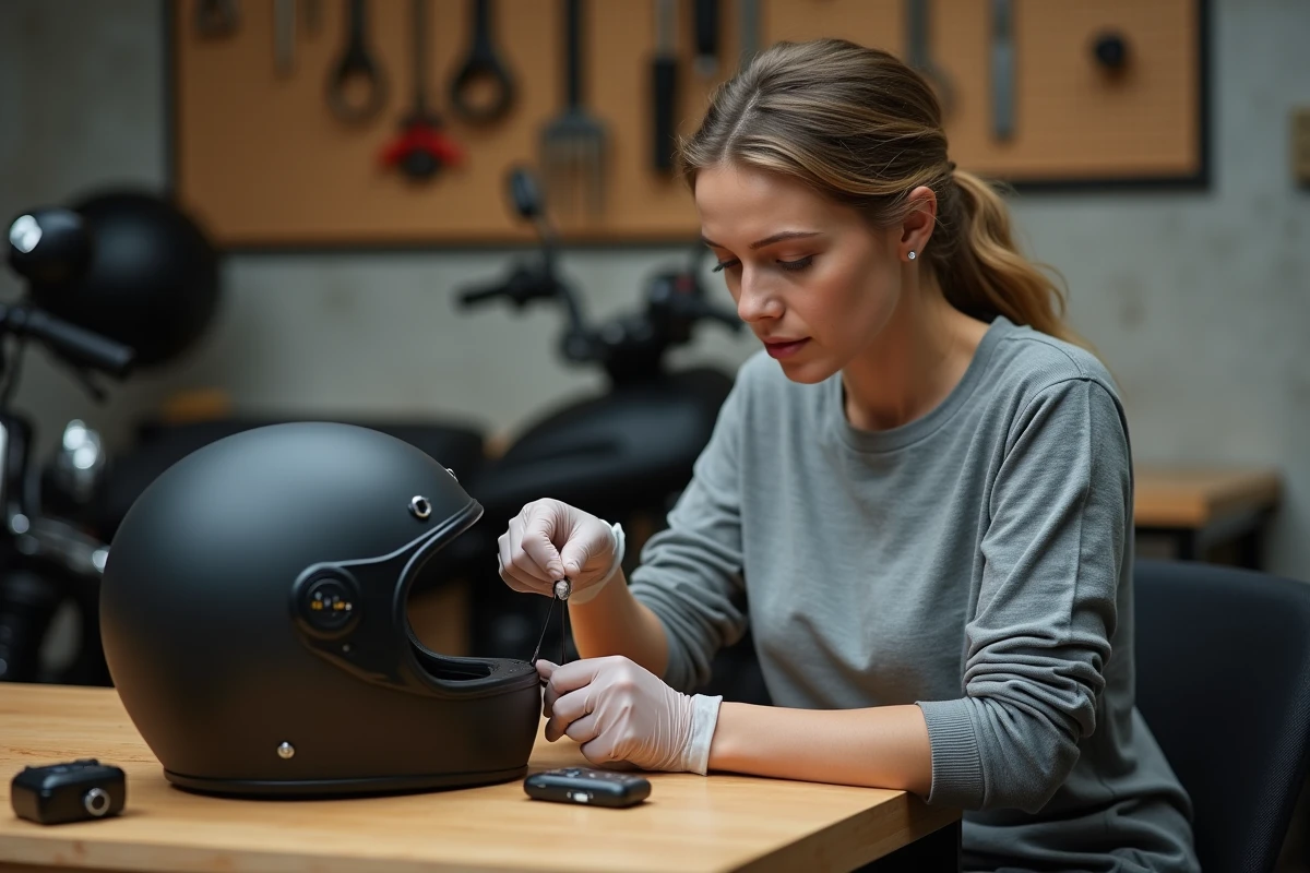 Femme installant un intercom Bluetooth sur un casque moto dans un atelier de mécanique