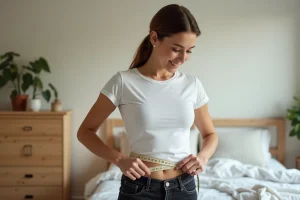 Femme prenant ses mesures à la taille avec un mètre ruban pour choisir la bonne taille sur Zalando