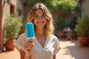 Femme tenant un Mister Freeze bleu sur une terrasse en été, illustrant la question des calories des glaces estivales