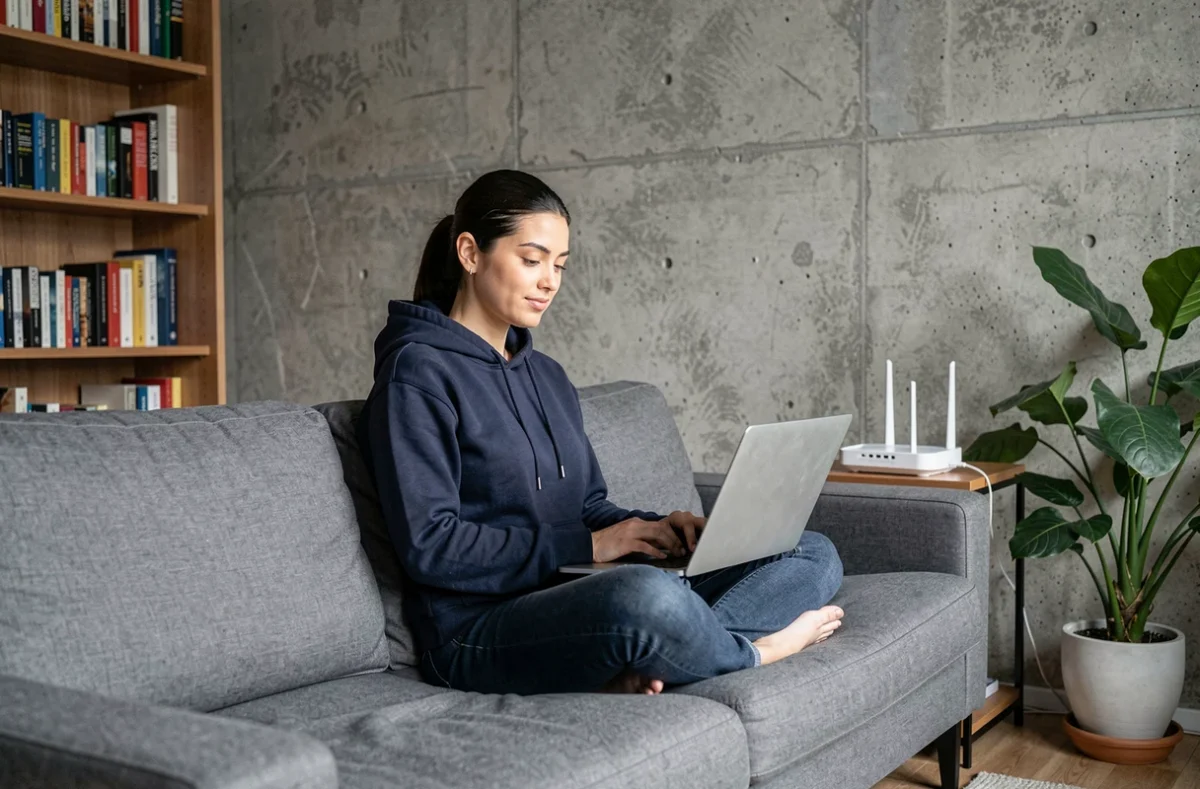 Femme utilisant un ordinateur portable connecté au wifi 2,4 GHz dans un salon moderne avec routeur en arrière-plan