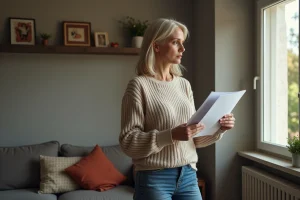 Femme d'âge moyen tenant des papiers dans un appartement HLM