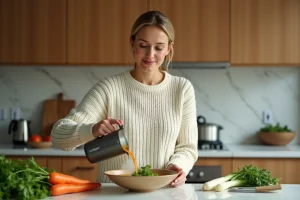 Femme préparant une soupe chaude avec un Nutribullet dans une cuisine moderne aux tons chauds