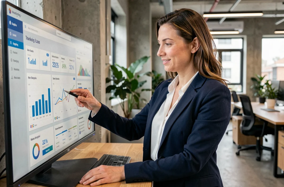 Femme professionnelle analysant des tableaux de bord de marketing digital pour booster la visibilité d'une entreprise en ligne