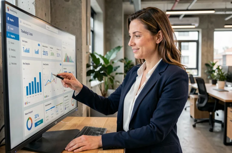 Femme professionnelle analysant des tableaux de bord de marketing digital pour booster la visibilité d'une entreprise en ligne