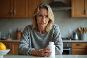 Femme sceptique examinant une bouteille de complément alimentaire pour la perte de poids dans sa cuisine