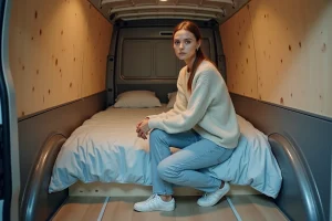 Jeune femme dans un van aménagé avec lit et intérieur épuré