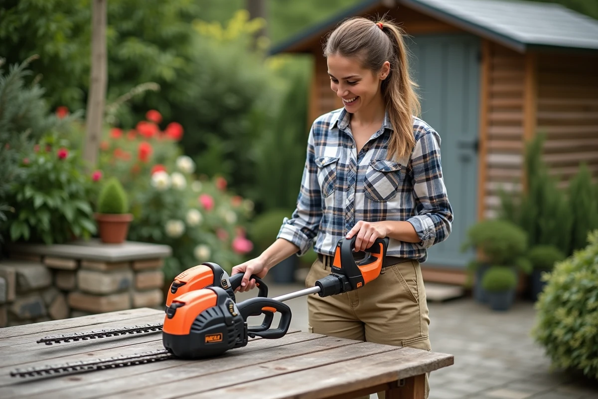 Femme souriante vérifiant des taille-haies électriques