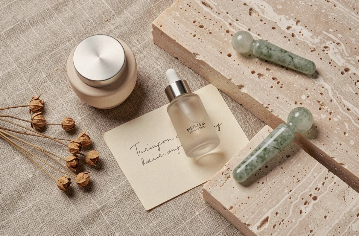 Flat lay tendances beauté avec produits de soin et maquillage haut de gamme sur fond lin et travertin