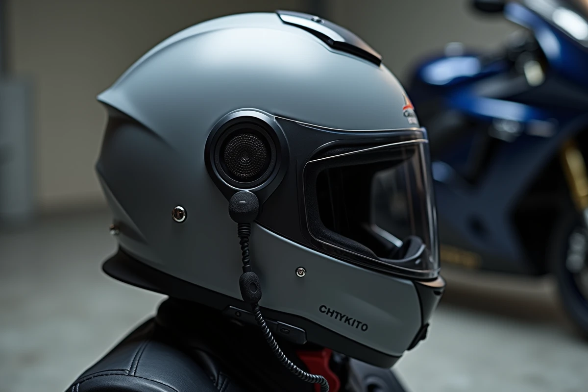Gros plan sur un intercom monté sur un casque moto modulable avec câblage et micro intégrés