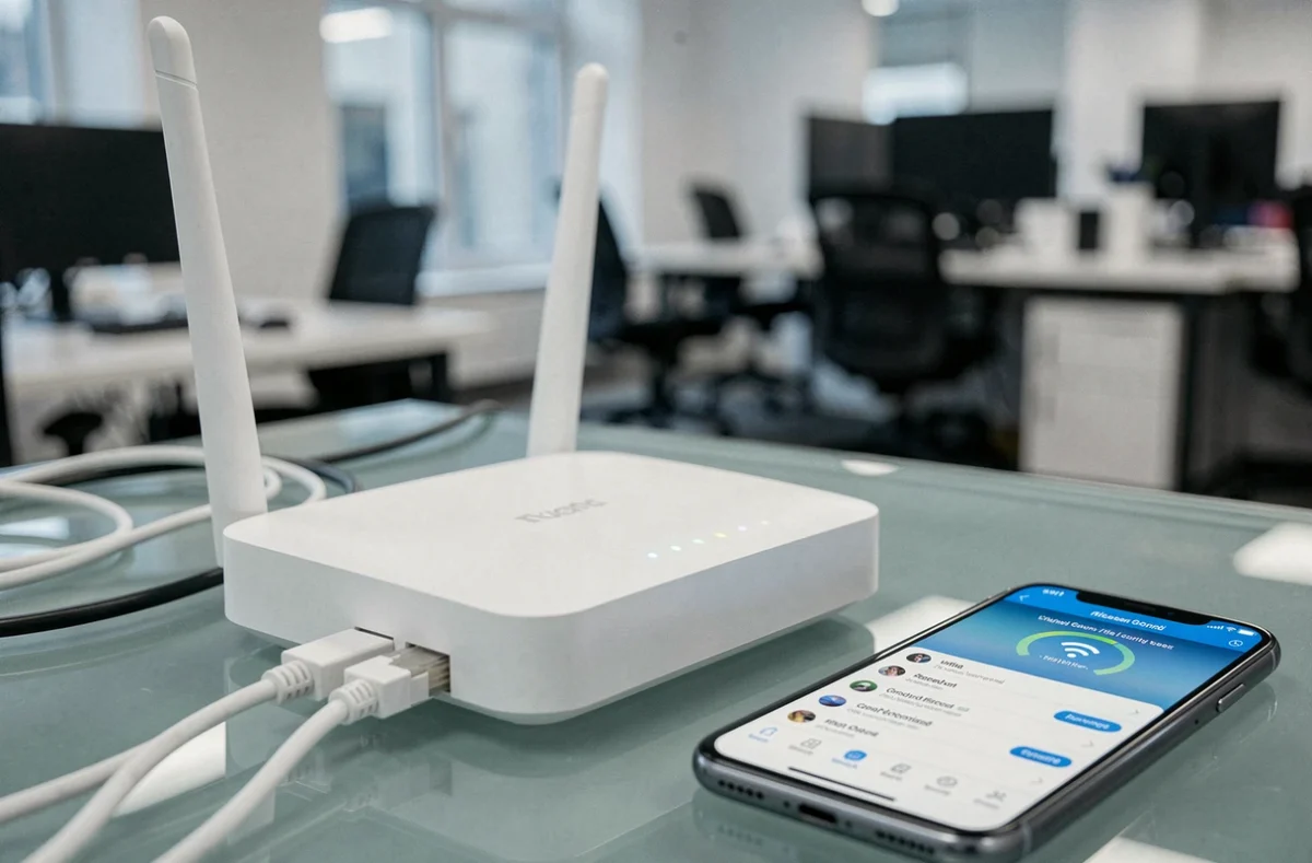 Gros plan d'un routeur wifi 2,4 GHz double bande avec câbles ethernet et smartphone affichant les paramètres réseau sur un bureau en verre
