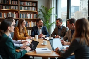 Groupe diversifié en discussion dans une bibliothèque moderne